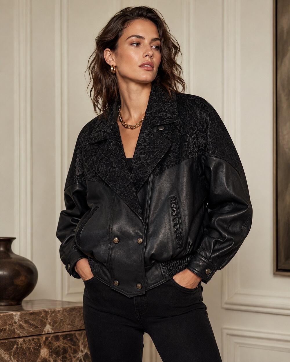 Vintage 80s Preston & York Womens SM Black Genuine Leather Embossed Bomber